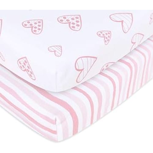 Biloban Crib Sheets Fitted, 2 Pack Crib Sheet Fits for Standard Crib and Toddler Mattress, 100% Jersey Knit Cotton Crib Sheet for Baby Boys & Girl, Pink Heart Stripes