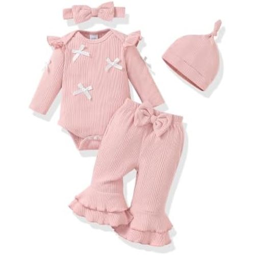 Renotemy Preemie Newborn Baby Girl Clothes Ruffle Bodysuit Long Sleeve Romper Bell Bottom Pants Fall Winter Outfit Set