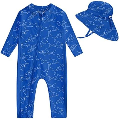UNIFACO Baby Boy Swimsuit UPF 50+ Sun Protection One Piece Zip Bathing Suit with Sun Hat Infant Sunsuit Swimwear