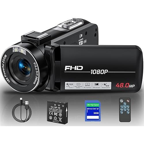 Camcorder Video Camera Full HD 1080P 48MP Camcorder 16X Digital Video Camera for YouTube, 3.0 Inch IPS Screen Vlogging Camera Recorder with Remote Control, Battery and 32GB Card