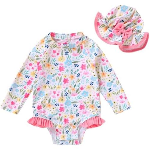 Infant Baby Girl Swimsuit One-Piece Long Sleeve Rash Guard with Hat Set Floral Zipper Bathing Suit Leopard Beach Wear