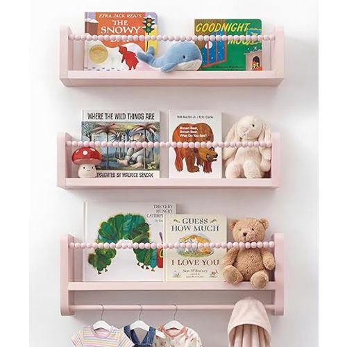 Nursery Book Shelves for Wall Set of 3, Pink Natural Wood Bookshelf Wall Decor, Small Floating Shelf Organizer for Kids Room, Bedroom, Kitchen Spice Rack