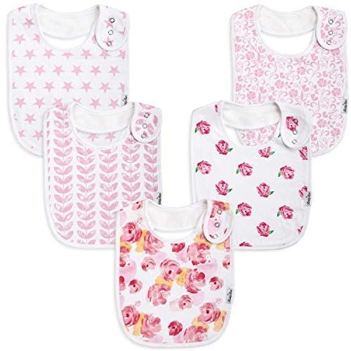 Premium, Organic Cotton Toddler Bibs, Unisex 5-Pack Extra Large Baby Bibs for Girls by KiddyStar, Perfect Baby Shower Item for Feeding, Drooling and Teething, Adjustable 5 Positions (Floral)