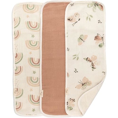 Crane Baby Muslin Baby Burp Cloths, Lightweight Absorbent Burp Cloth, Rainbow/Butterfly, Set of 3, 7” x 20”, Newborn Baby Essentials, Burp Cloths Baby Boy, Burp Cloths Baby Girl, Newborn Essentials