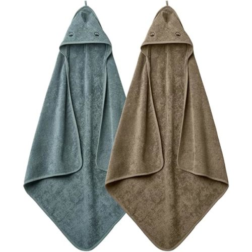 Baby Hooded Towel – Organic Cotton Baby Bath Towels, 32" x 32" Super-Soft and Absorbent Baby Towels for Newborn 2-Pack (Dino Green/Tradewinds)