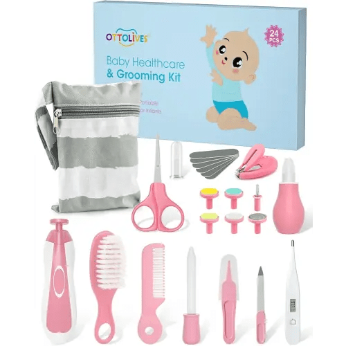 OTTOLIVES Baby Healthcare and Grooming Kit, 24 in 1 Baby Electric Nail Trimmer Set Newborn Nursery Health Care Set for Newborn Infant Toddlers Baby Boys Girls Kids Haircut Tools (0-3 Years+) (Pink)