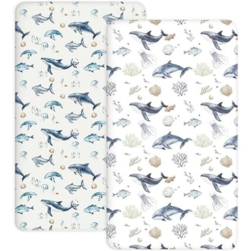 Pack and Play Sheets 2 Pack, Fitted Jersey Knit Mini Crib Sheets for Baby Boys and Girls, Compatible with Graco Pack N Play and Mini Crib Mattress (Pank N Play/Mini Crib Sheets, Aquatic Adventures)