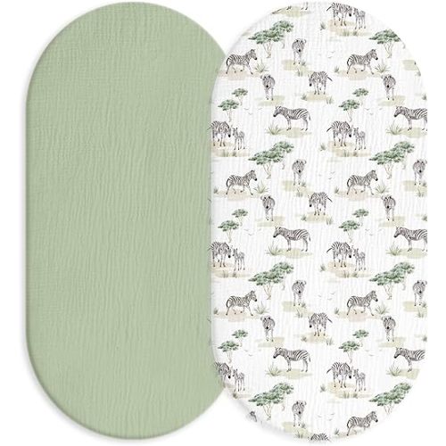 Muslin Bassinet Fitted Sheets, 2 Pack for Baby Boy and Girl, Soft Breathable Baby Pad/Mattress Sheet, Fit for Hourglass Oval and Rectangle Bassinet Mattress (Cute Zebra)