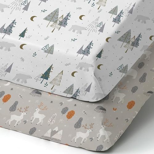 Pack n Play Sheets, BROLEX 2 Pack Mini Crib Sheets,Stretchy Portable Fitted Playard Sheet Set, Convertible Playard Mattress Cover,Ultra Soft Breathable Material, Snowy Forest