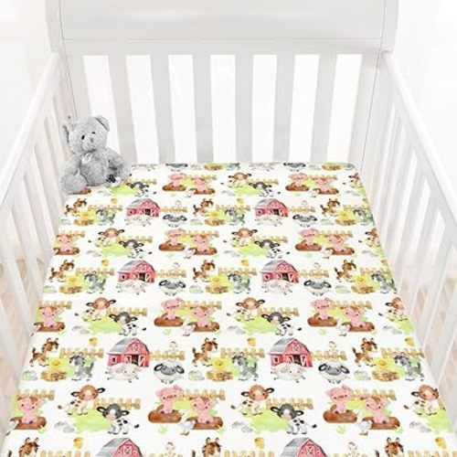 HawSkgFub Farm Animal Life Barn Fitted Standard Crib Sheet for Baby Boy Girl, Neutral Cow Horse Pig Sheep Toddler Mattress Cover, Soft Breathable Stretchy Nursery Bed Sheets Decor Kids Gift 52" x 28"