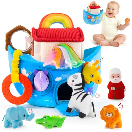 Baby Toys 6-12 Months - Noah's Ark Toy with Stuffed Animals, Baptism Gifts for Boys Girls, Montessori Toys for 6 Month Old Babies Sensory Tissue Box Toy for 1 Year Old
