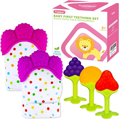 Teething Mittens for Baby (2 Pack) with Baby Teething Toys (3 Pack), Self Soothing Pain Relief Mitt, Silicone Teethers, BPA-Free, Natural Organic Freezer Safe for Infants and Toddlers
