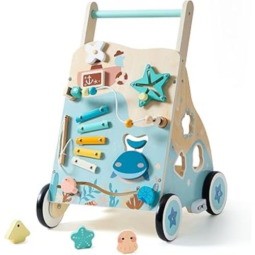 ROBOTIME Wooden Baby Push Walker, Ocean-Themed Wooden Baby Walker with Wheels, Sit-to-Stand Activity Center, Push Toy for Toddlers, for Boys and Girls