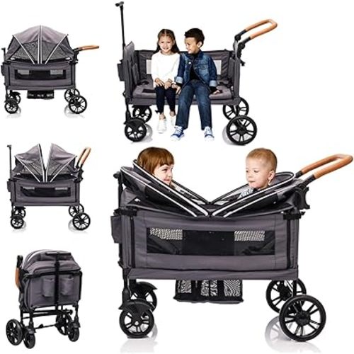 Wagon Stroller for 2 Kids & Cargo-Travel Push-Pull Double Lightweight Folding Stroller for Newborn&Toddler with 5-Point Harness,Adjustable Handle Bar and Canopy,Tray Table,Cup Holder