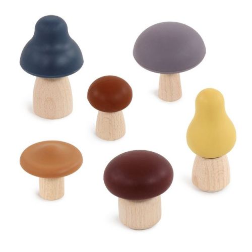 Hudson Baby 6pc Wood And Silicone Mushroom Toy Set, Dark, One Size