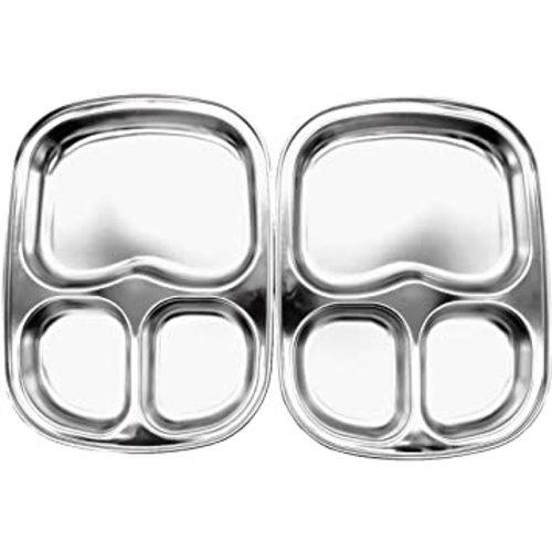 Korean Stainless Steel Divided Plates, Kids Toddlers Babies Tray, BPA Free, Diet Food Control, Camping Dishes, Compact Serving Platter, Dinner Snack, 3 Compartment Plate Silver, Set of 2