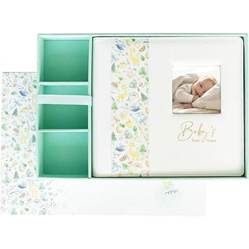 Keepsake Baby Memory Book With Box - Timeless Leather-Bound Milestone Book | Photo Memory Box to Record Baby Shower to Age 5 - Beautiful Gift for Girls and Boys