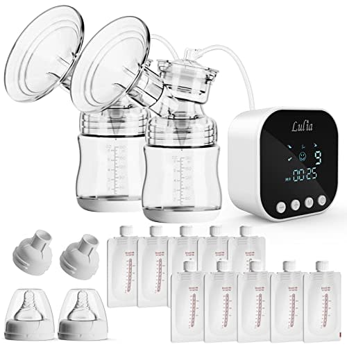 Double Electric Breast Pump with 10 Breastmilk Storage Bags, 2 Flanges and Milk Extractor, Breastfeeding Pump with 4 Modes, 9 Levels, Portable, Strong Suction Power, Quiet, Pain Free