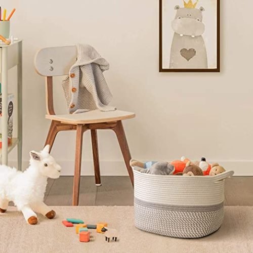 CHICVITA Square Cotton Rope Woven Basket with Handles For Books, Magazines, Toys Decorative Rectangle Basket For Baby Nursery, Living Room, Bathroom 13.5 inch x 11 inch x 9.5 inch, Pack of 1 - Grey