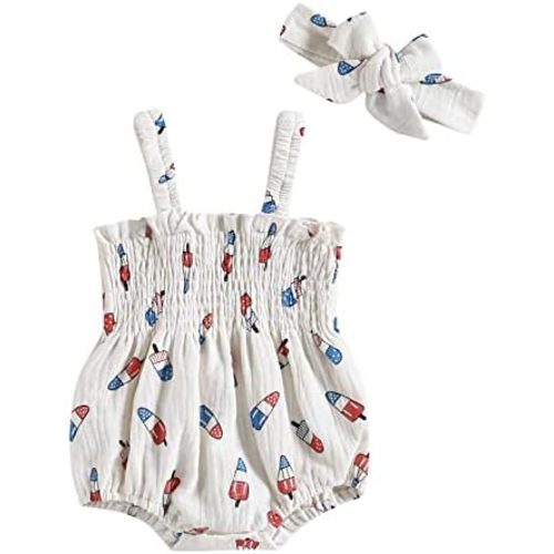Baby Girl 4th of July Outfit Ice Cream Sleeveless Fourth of July Romper Newborn Independence Day Clothes