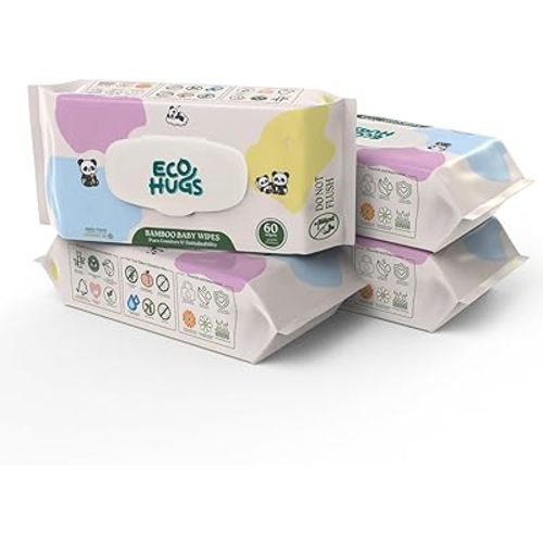 EcoHugs Unbleached Organic Bamboo Baby Wipes, with Aloe, Vitamin E, and Calendula, Hypoallergenic and Unscented, for Sensitive Skin, 240 Wipes (4 Packs)