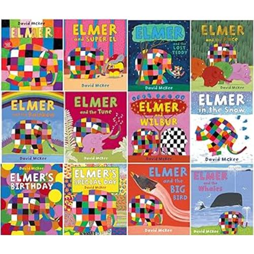 Elmer 12 Classic Picture Books Collection Set by David McKee (Elmer, Super El, Lost Teddy, Race, Rainbow, Tune, Wilbur, Snow, Birthday, Special Day, Big Bird & Whales)