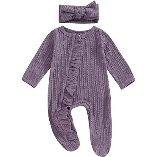 MoZiKQin Newborn Baby Girl Ruffle Romper Knit Sweater Onesie Jumpsuit Long Sleeve Zipper Onesie Solid Fall Winter Outfits