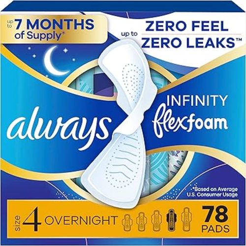 Always Infinity Feminine Pads for Women, Flexfoam Pads with Wings, Size 4, Overnight Absorbency, Unscented, 78 Count (3 Packs of 26)