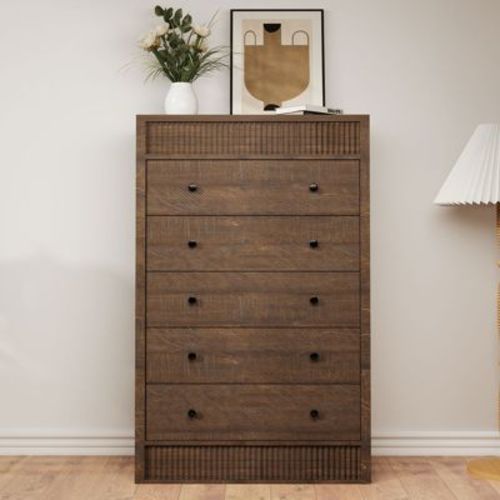 Fluted 5 Drawer Dresser, 48in Tall Walnut 5 Chest of Drawers with Double Waveform Fluted Panel, Wooden Cabinet for Bedroom Living Room Nursery