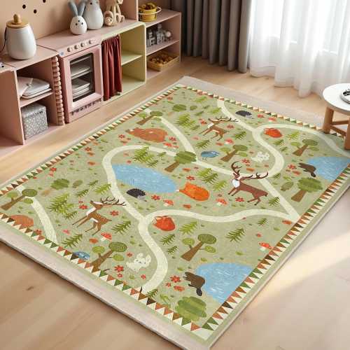 Woodland Adventure Green Kids Room Rug-Forest Path Animal Nursery Carpet-River Playmat for Toddlers-Friends Playroom Rug-Child Room Carpet