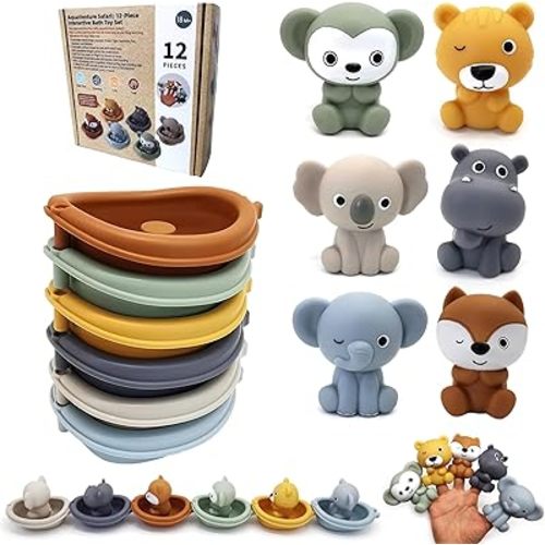 Bath Toys Floating Boats, 12 Pcs Baby Bath Toys 6-12 Months - Soft, Squeezable & Float on Water, Silicone Bath Finger Puppets for Toddlers Animal Bathtub Toys for 1 2 3 4 5 Boy Girl Kids (12)
