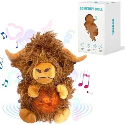 Highland Cow Stuffed Animals Anxiety Relief Highland Cow Plush Toy with Rhythmic Breathing Motion & Music Lights Portable Soothing Highland Cow Plush Toy (Highland Cow)