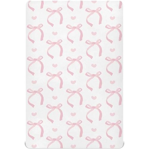 Fitted Crib Sheets Coquette Pink Ribbon Bow Stretchy Portable Playard Sheets for Baby Toddler, Breathable Soft Mini Crib Mattress 39 x 27 in for Boys and Girls