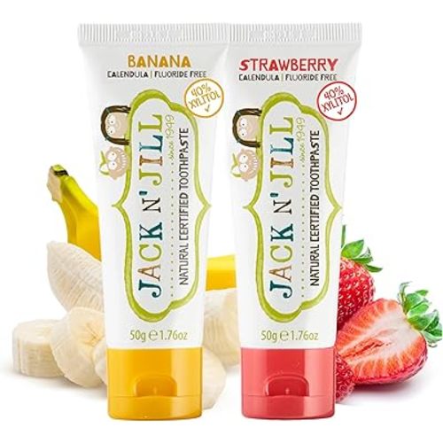 Jack N' Jill Natural Toddler Toothpaste for Baby, Kids and Infants 6 Months & Up, Fluoride Free Training Toothpaste for Toddlers 1-3 (1.76 Fl Oz (Pack of 2), Strawberry & Banana)