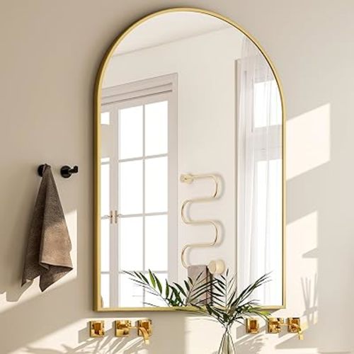 GLSLAND 20x30 inch Arch Bathroom Mirror - Arched Bathroom Mirror/Wall Mounted Vanity Mirror - Arch Metal Frame Wall Mirror for Bathroom Bedroom Living Room, Gold