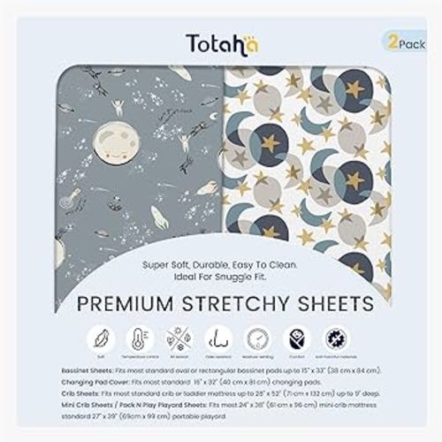 TotAha Space Mini Crib Sheets Fitted, Star & Moon Pack N Play Sheets, Super Stretchy Jersey Knit Playard Sheets, Compatible with Graco Pack N Play Playard Crib and Other Playpen Mattress