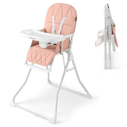BABY JOY Foldable High Chair, Portable Highchairs for Babies and Toddlers with 3-Position Adjustable Tray & Footrest, Removable Seat Cushion, 5-Point Safety Harness, Space Saving Design (Pink)