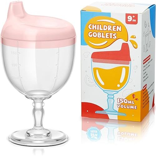 Irenare 1 Pcs Baby Wine Sippy Cup Plastic Goblet Cup No Spill Wine Glass Baby Sippy Goblet Glass Beverage Mug Milk Bottle with Lid for Kids (Pink)
