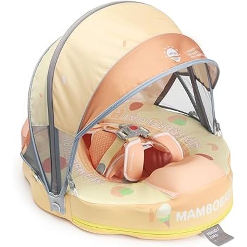 Mambobaby Float Add Tail Newest Baby/Infant Swim Float with Canopy, Non-Inflatable Solid Upgrade Soft Waterproof Skin-Friendly Leather Material (Limited Edition Yellow)