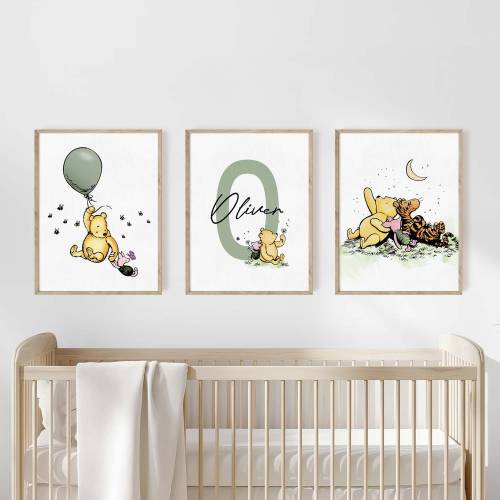 Winnie the Pooh Prints, Set of 3, Personalized Name Print, Winnie the Pooh Nursery, Classic Pooh Bear Wall Art, Gender Neutral, Baby Shower