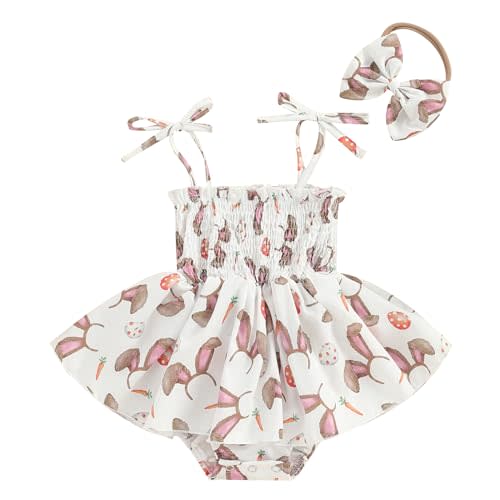 GOOCHEER Infant Baby Girl Easter Clothes Tie Strap Bunny Floral Print Romper Dress Ruffle Bodysuit Jumpsuit with Headband
