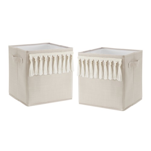 Boho Bohemian Foldable Fabric Storage Bins - Solid Taupe Beige Ivory Cream Off White Linen Farmhouse Shabby Chic Fringe Neutral
