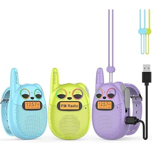 Qniglo Kids Walkie Talkies Rechargeable, Gifts for 3-12 Year Old Girls & Boys, Walkie Talkies with FM Radio, Adventure Camping Games, Best Christmas & Birthday Toys - 3 Pack
