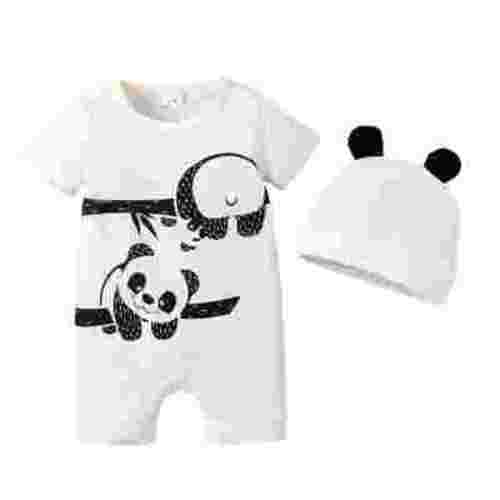 Kucnuzki Infant Baby Boy Clothes 3 Months Summer Bodysuit 6 Months Short Sleeve Carton Panda Prints Cozy Jumpsuit Bodysuit Hat 2PCS Set White