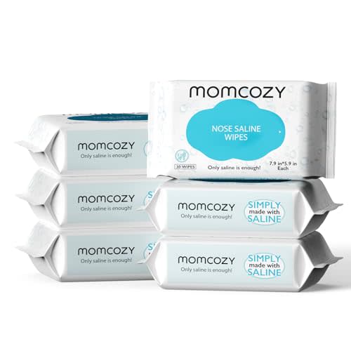 Baby Wipes, Momcozy Saline Nose and Face Baby Wipes, Made Only With Natural Saline, Mild and Non-irritating, 100% Biodegradable, Unscented & Hypoallergenic for Sensitive Skin, Portable, 180 Count (Packs of 6)