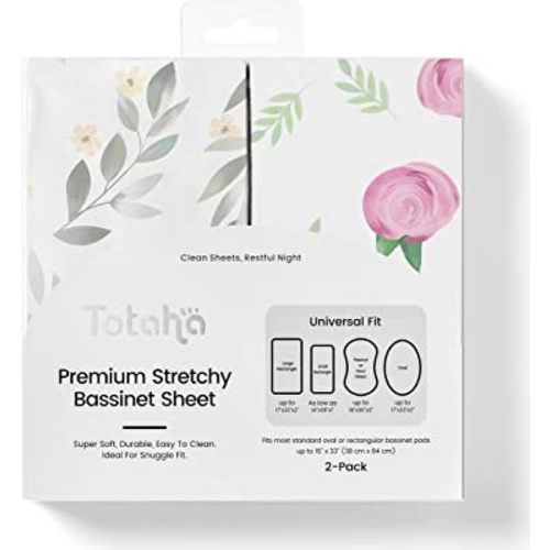 TotAha Bassinet Cradle Sheets 2-Pack Jersey-Knit 32 X 16 X 3'' Pink Buds & Green Leaves