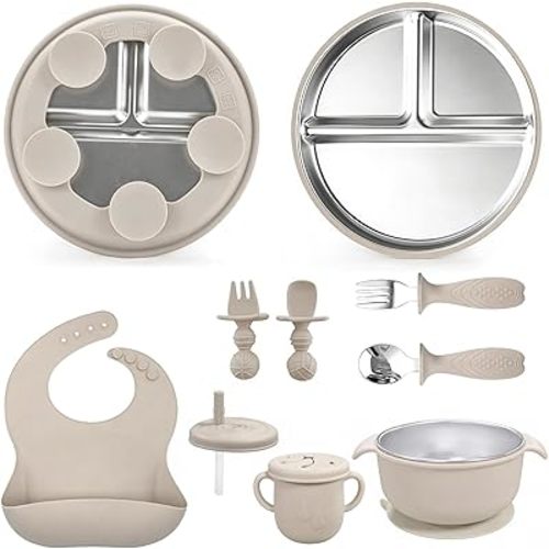 Silicone Baby Feeding Set，Baby Bowls with Suction,Toddler Tableware Set,3 Compartment Stainless Steel Silicone Bowl & Utensils (Beige)