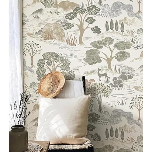 Erfoni 16.9"x197" Boho Forest Peel and Stick Wallpaper Green/Brown/White Contact Paper Forest Self Adhsive Peel and Stick Contact Paper DIY Removable Wallpaper for Bedroom Kids Nursery Decor