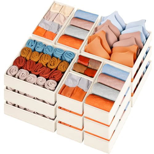 Criusia Sock Underwear Drawer Organizer Dividers 15 pack - Dresser Organizer for Deep Drawer, Closet, Nursery, Bedroom - Fabric Bins for Organization Small Toys, Bra, Ties, Scarf, Belt (Beige)