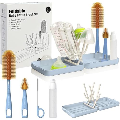 Travel Bottle Brush, Travel Bottle Cleaner Kit with Foldable Bottle Drying Rack, for Visit Friends and Relations, Baby Travel Essentials, BPA Free, Blue